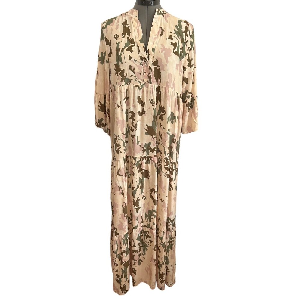 Womens Italian Made Pink Camo Maxi Dress Bell Sleeves 100% Viscose Size Large
